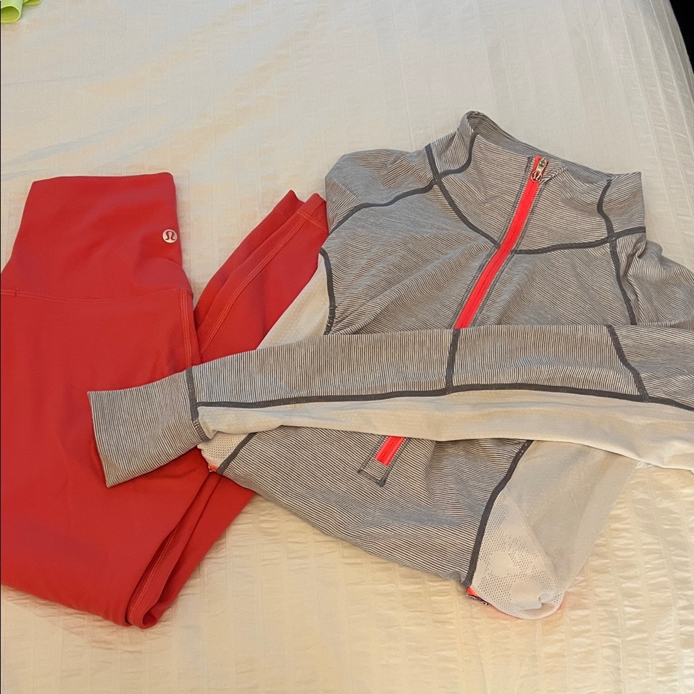 lululemon athletica Coral Leggings and Gray Jacket Set